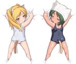  :&lt; animal_ears barefoot bed_sheet blonde_hair cat_ears cat_tail chibi closed_eyes copyright_request eyes_closed green_eyes green_hair looking_back multiple_girls one-piece_swimsuit school_swimsuit sheet_grab sweat swim_cap swimsuit tail tan twintails two_side_up urase_shioji white_school_swimsuit 