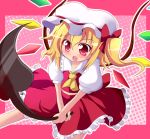  ascot blonde_hair dress fang flandre_scarlet geogeo hat hat_ribbon holding lace laevatein open_mouth red_eyes ribbon short_hair side_ponytail skirt solo the_embodiment_of_scarlet_devil touhou wings 