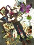  androgynous black_hair bug butterfly card chain chains clock closed_eyes eyes_closed flower highres hunter_x_hunter illumi_zoldyck key long_hair lying male photo_(object) picture scarf solo vest watch wristwatch zoff_(daria) 