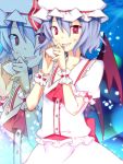  1girl bat_wings blue_hair cup noumin open_mouth red_eyes remilia_scarlet short_hair solo touhou wings 