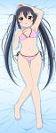  arm_up armpits barefoot bed_sheet bikini black_hair blush brown_eyes dakimakura highres k-on! kuri_youkan long_hair nakano_azusa navel open_mouth panties side-tie_bikini side-tie_bottom side-tie_panties solo swimsuit twintails underwear 