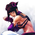  bare_back bare_shoulders black_hair breasts capcom crazy_eyes elbow_gloves fingerless_gloves gloves han_juri lips looking_at_viewer muscle red_eyes short_hair sideboob simulex solo street_fighter street_fighter_iv twintails white_background 