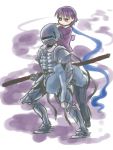  1girl 2boys berserker_(fate/zero) carrying chibi fate/stay_night fate/zero fate_(series) flat_gaze full_armor hoodie matou_kariya matou_sakura multiple_boys person_on_head purple_eyes purple_hair taso-kare violet_eyes 