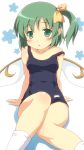 arm_support bare_shoulders blush daiyousei green_eyes green_hair kneehighs one-piece_swimsuit pointy_ears school_swimsuit short_hair side_ponytail sitting solo strap_slip swimsuit touhou white_legwear yamasan