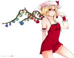  adult arm_behind_back armband bare_shoulders blonde_hair blue_rose character_name collarbone dress flandre_scarlet flat_chest flower hat hat_ribbon hyou_haku red_dress red_eyes red_rose ribbon rose short_dress short_hair simple_background solo spaghetti_strap the_embodiment_of_scarlet_devil thorns touhou wings wrist_cuffs 