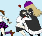  black_hair blood brown_hair cellphone egoe geta gradient_hair hat heart hijiri_byakuren himekaidou_hatate kicking knee_attack knee_kick long_hair multicolored_hair multiple_girls phone purple_hair running shameimaru_aya short_hair skirt tengu-geta tokin_hat touhou violence 