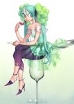  aqua_eyes aqua_hair bare_shoulders crossed_legs cup food food_as_clothes fruit glass grapes hatsune_miku high_heels kazeto legs_crossed long_hair shoes sitting solo twintails very_long_hair vocaloid 