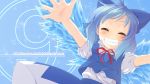  &#9320; ? blue_hair blush bow bust cirno closed_eyes english eyes_closed grin hair_bow highres ice ice_wings neck_ribbon outstretched_arms outstretched_hand ribbon senhaku short_hair skirt skirt_set smile solo touhou wings ã¢â€˜â¨ â‘¨ 