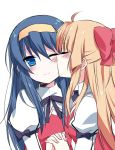  blonde_hair blue_eyes blue_hair blush bow cheek_kiss closed_eyes eyes_closed female hair_bow hair_ribbon hairband hand_holding himemiya_chikane interlocked_fingers kannazuki_no_miko kiss kurusugawa_himeko miz_01 mizuki_(koko_lost) multiple_girls one_eye_closed school_uniform smile wink yuri 