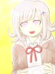  1girl :d bangs breasts brown_hair brown_jacket collared_shirt commentary_request dangan_ronpa_(series) dangan_ronpa_3_(anime) flipped_hair gradient gradient_background gunjo_dusk hair_ornament holding jacket large_breasts looking_at_viewer medium_hair nanami_chiaki neck_ribbon open_mouth pink_eyes red_ribbon ribbon shirt smile solo spaceship_hair_ornament upper_body upper_teeth yellow_background 