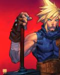  bandage bandages bare_shoulders blonde_hair blue_eyes buster_sword cloud_strife david_grier final_fantasy final_fantasy_vii fingerless_gloves frown gloves halterneck huge_weapon male manly muscle sleeveless sleeveless_turtleneck solo spiked_hair spiky_hair sword turtleneck weapon 