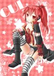  boots cul garter_belt headphones long_hair nail_polish ponytail red_eyes red_hair redhead shorts sitting smile solo striped striped_legwear thigh-highs thighhighs vocaloid yayoi_(egoistic_realism) 