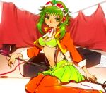  breasts goggles goggles_on_head green_eyes green_hair gumi headphones megpoid_(vocaloid3) microphone_stand midriff navel sentire short_hair skirt solo suspenders thigh-highs thighhighs under_boob underboob vocaloid zettai_ryouiki 