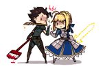  1girl ahoge armor black_hair blonde_hair blush_stickers brush chibi excalibur fate/stay_night fate/zero fate_(series) glowing glowing_weapon green_eyes invisible_air lancer_(fate/zero) mole paint paintbrush saber sparkle sword thumbs_up verus weapon yellow_eyes 