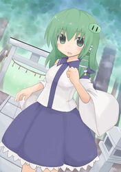  detached_sleeves green_eyes green_hair hair_tubes highres himegi kochiya_sanae long_hair open_mouth skirt solo torii touhou |_| 