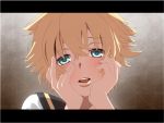  blonde_hair blue_eyes blush green_eyes hands_on_own_cheeks hands_on_own_face kagamine_len letterboxed male mirai_nikki open_mouth parody short_hair solo vocaloid yandere_trance 