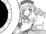  aiming_at_viewer beret breasts corset detached_sleeves drill_hair fingerless_gloves gloves gun hair_ornament hat huge_weapon kodama_takeshi large_breasts magical_girl mahou_shoujo_madoka_magica monochrome pleated_skirt pov_aiming rifle skirt solo tiro_finale tomoe_mami weapon wink 