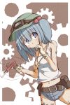  belt casual denim denim_shorts dirty gears gloves goggles hand_on_own_face highres kawashiro_nitori key midriff navel pattern_background screwdriver short_shorts shorts solo spinning sunny_speed tank_top tools touhou 