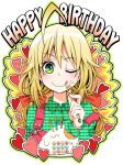  :p ;q ahoge blonde_hair blush cake emu_(toran) food food_on_face fork green_eyes happy_birthday heart hoshii_miki idolmaster smile solo suspenders tongue wink 