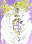  1girl 90s blonde_hair bridal_gauntlets circlet clamp closed_eyes coat dress eagle_vision emeraude_(rayearth) eyes_closed long_hair magic_knight_rayearth official_art princess purple_background rayearth_ova white_hair 