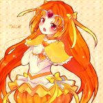  bow brown_hair bubble_skirt character_name cure_muse cure_muse_(yellow) dress hair_bow heart long_hair magical_girl orange_hair precure red_eyes riku_manoue shirabe_ako solo suite_precure yellow yellow_background yellow_dress 