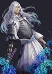  akechi_mitsuhide armor dual_wielding flower highres katana long_hair male sakenomi sengoku_basara solo spider_lily sword tenkai_(sengoku_basara) weapon white_hair 