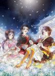  2boys axis_powers_hetalia black_hair bracelet brown_eyes brown_hair china_(hetalia) chinese_clothes cup flower hair_flower hair_ornament hanfu holding hong_kong_(hetalia) janemere jewelry long_hair multiple_boys night night_sky petals ponytail seiza short_hair sitting sky spider_lily taiwan_(hetalia) white_spider_lily wind 