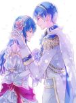  1boy 1girl aruba bare_shoulders blue_eyes blue_hair blush bouquet breasts bridal_veil bride cape cleavage couple dress elbow_gloves fire_emblem fire_emblem:_mystery_of_the_emblem fire_emblem_heroes flower formal gloves groom hetero husband_and_wife jewelry long_hair marth necklace open_mouth rose sheeda smile strapless suit tuxedo veil wavy_hair wedding wedding_dress white_dress white_flower white_gloves 