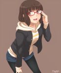  adjusting_glasses amagami bent_over bespectacled black_legwear brown_eyes brown_hair denim denim_shorts glasses hoodie legwear_under_shorts open_mouth pantyhose red-framed_glasses short_hair shorts smile solo tanaka_keiko toki_(artist) 