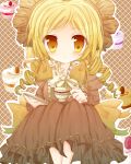  alternate_costume blonde_hair breasts cake cup dress drill_hair food fruit hair_ribbon large_breasts lqv_vql mahou_shoujo_madoka_magica ohitashi ribbon sitting solo strawberry teacup tomoe_mami yellow_eyes 