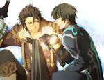  alvin_(tales_of_xillia) black_hair brown_eyes brown_hair coat cravat housui_(g3hopes) jude_mathis male multiple_boys smile sparkle tales_of_(series) tales_of_xillia white_background 