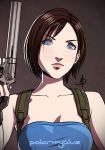  1girl armpit_holster bare_shoulders blue_eyes brown_hair bust casual daniel_macgregor fingerless_gloves gloves gun handgun holster jill_valentine lips resident_evil resident_evil_3 revolver short_hair solo strapless trigger_discipline weapon 