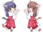  :&lt; :3 animal_ears bed_sheet blue_hair blush brown_eyes brown_hair cat_ears cat_tail chibi copyright_request fang japanese_clothes looking_back miko multiple_girls open_mouth ponytail sheet_grab single_shoe sweat tabi tail urase_shioji 