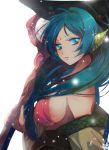  bad_id bare_shoulders blue_eyes blue_hair breasts front_ponytail hat large_breasts long_hair magi_the_labyrinth_of_magic s-kura sideboob simple_background solo staff witch_hat yamuraiha 