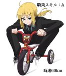  ahoge anpanman anpanman_(character) b-cat blonde_hair censor_bar censored fate/stay_night fate/zero fate_(series) formal green_eyes jewelry long_hair motion_blur necktie pant_suit ponytail saber solo suit tricycle 