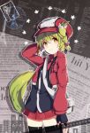  1girl animal_ears dasulchan green_hair hat looking_at_viewer newspaper original skirt smile solo tail thigh-highs 