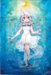  animal_ears bare_shoulders blue_eyes bow crescent_moon dress moon mosho original solo tail traditional_media tree water white_dress white_hair 