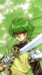  1boy 90s clamp closed_mouth earrings eyebrows_visible_through_hair ferio_(rayearth) gloves green green_hair holding holding_sword holding_weapon jewelry magic_knight_rayearth male official_art pauldron pauldrons sash scan serious solo sword upper_body weapon white_gloves yellow_eyes 