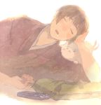  :3 afterglow animal animal_on_shoulder arm_support axis_powers_hetalia bad_id black_hair blush blush_stickers closed_eyes controller dog drooling eyes_closed head_rest japan_(hetalia) japanese_clothes kimono male open_mouth pillow pochi_(hetalia) pon_(cielo) remote_control sleeping solo tail tail_wagging teeth white_background 