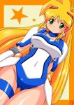  blonde_hair ginga_ojou-sama_densetsu_yuna gloves green_eyes kagurazaka_yuna leotard long_hair mound_of_venus oborogumo_takamitsu smile solo star thigh_gap 