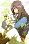  black_hair boots closed_eyes dog eyes_closed long_hair male namino_kokoro pants puppy repede smile solo tales_of_(series) tales_of_vesperia yuri_lowell 