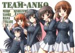  akiyama_yukari blush brown_eyes brown_hair fujii_satoshi girls_und_panzer isuzu_hana long_hair multiple_girls nishizumi_miho reizei_mako salute short_hair skirt takebe_saori uniform 