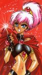  1girl 90s armlet black_gloves blue_eyes caldina cape clamp dark_skin earrings female fingerless_gloves gloves hand_on_hip high_ponytail hips index_finger_raised jewelry magic magic_knight_rayearth midriff navel official_art pink_hair ponytail red_cape scan short_hair smile solo 
