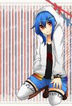  alternate_costume blue_hair boots bow contemporary cross-laced_footwear hair_ornament hairclip hinanawi_tenshi hood hooded_jacket hyou_haku knee_boots lace-up_boots no_nose open_clothes open_jacket red_eyes shorts smile solo striped striped_background touhou white_legwear 