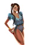  alternate_costume bangs blouse breasts brown_eyes brown_hair buruma chun-li cleavage glasses hair_bun hands_on_hips long_hair looking_at_viewer mole pantyhose parted_bangs pinup ribbon shoes simple_background sneakers solo street_fighter thighs wristband 