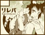  animal_ears bow cat cat_ears cat_tail chen circle_cut hat long_sleeves monochrome multiple_tails nakatani sepia short_hair sitting slit_pupils solo tail touhou watermark web_address 