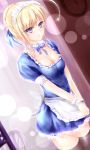  1girl absurdres ahoge artoria_pendragon_(all) blue_eyes blush carnival_phantasm detached_collar fate/stay_night fate_(series) garyljq highres maid maid_headdress saber solo thigh-highs thighhighs wrist_cuffs zettai_ryouiki 