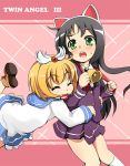  :o ^_^ animal_ears belt black_hair blonde_hair cat_ears closed_eyes eyes_closed fang fangs green_eyes hair_ornament hairpin happy hazuki_kurumi hug hug_from_behind kaitou_tenshi_twin_angel lilika_(twin_angel) long_hair multiple_girls open_mouth school_uniform shi_ecchi short_hair surprised title_drop 