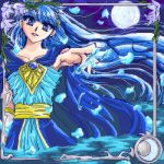  blue blue_eyes blue_hair cape dress flower full_moon long_hair lowres magic_knight_rayearth moon oekaki ryuuzaki_umi seiga_mitsuki solo water 