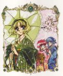  3girls 90s alternate_hairstyle blonde_hair blue_eyes blue_hair bow braid cherry_blossoms clamp eyebrows_visible_through_hair furisode glasses green_eyes hair_ribbon hair_up hairband holding holding_parasol holding_umbrella hououji_fuu japanese_clothes kimono long_hair magic_knight_rayearth multiple_girls obi official_art parasol parted_bangs red_hair redhead ribbon round_eyewear round_glasses ryuuzaki_umi scan shidou_hikaru short_hair smile spring_(season) umbrella yukata 